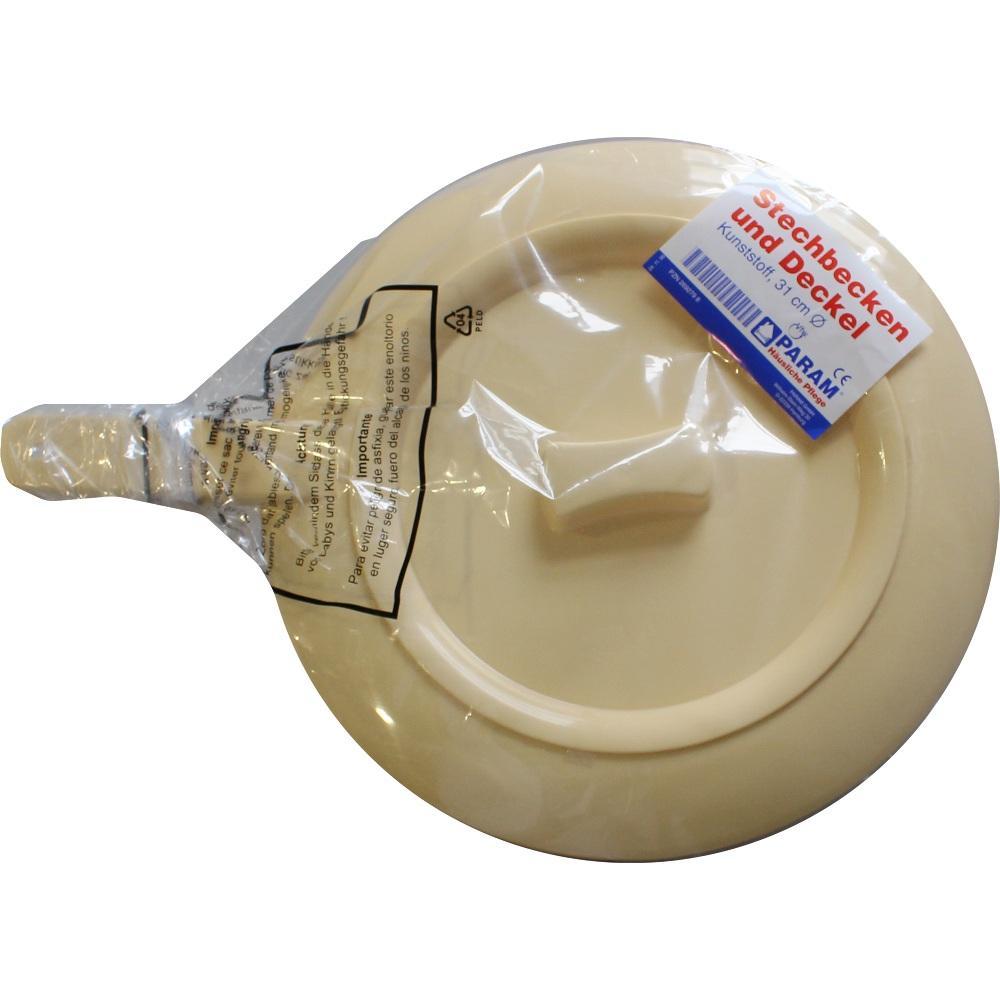 Ein verpacktes Stachelbeckenset aus Kunststoff mit Deckel.