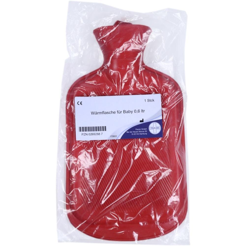 Rote Wärmflasche für Babys in Plastikverpackung.