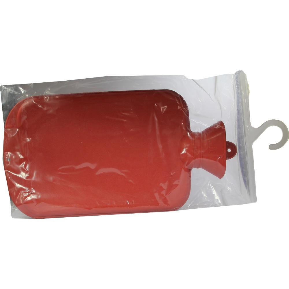 Rote Wärmeflasche in einer durchsichtigen Plastikverpackung mit Haken.