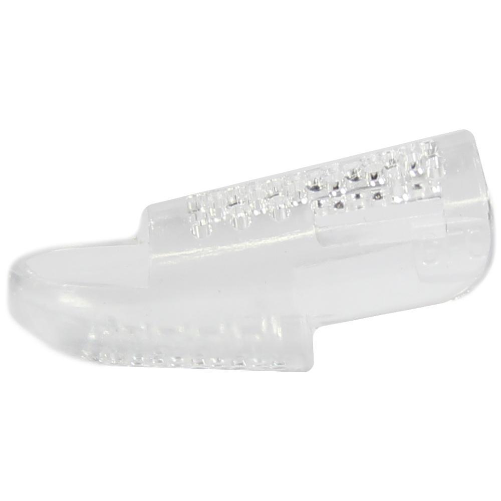 Ein durchsichtiges, kleines Kunststoffteil mit feinen Rillen darauf.