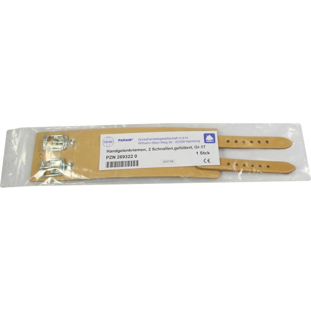 Zwei beigefarbene Handgelenkschlingen in einer Plastikverpackung.