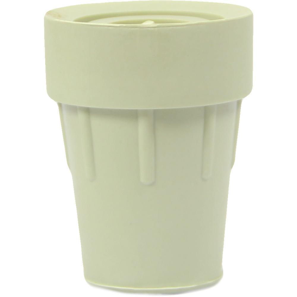 Ein beiger, zylindrischer Plastikbecher steht aufrecht.