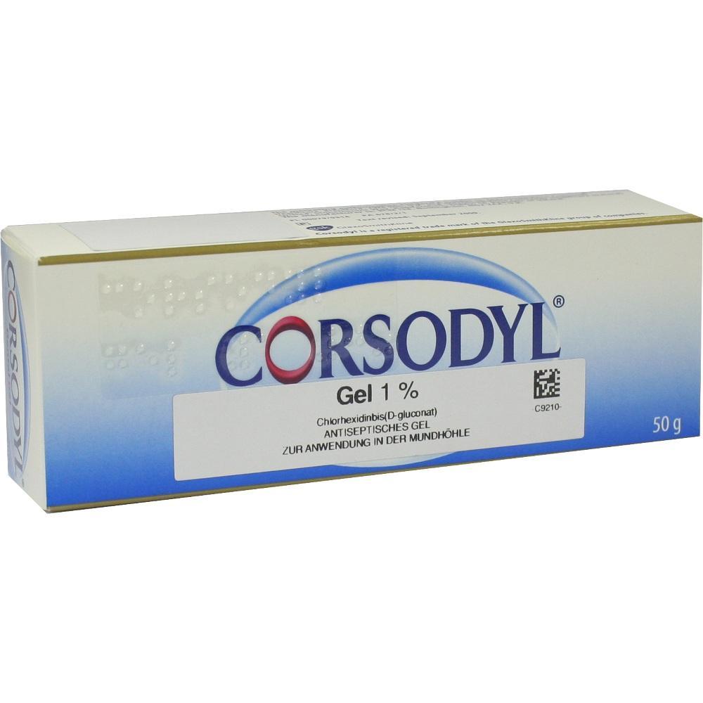 Eine Verpackung von Corsodyl Gel 1% f&uuml;r die Mundpflege.