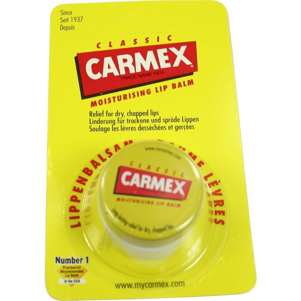 Eine gelbe Packung mit einem Lippenbalsam namens Carmex.