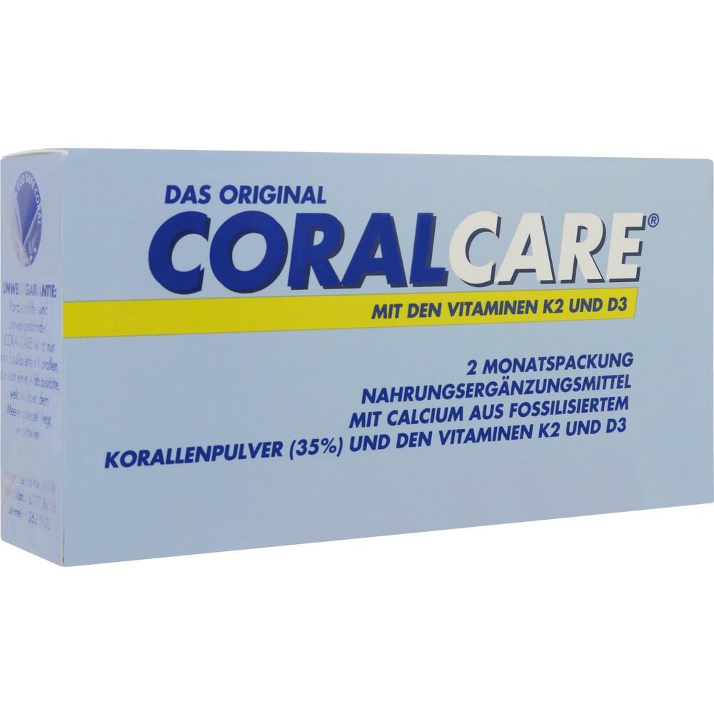 Blaue Verpackung vom Nahrungsergänzungsmittel Coralcare mit Vitaminen K2 und D3.
