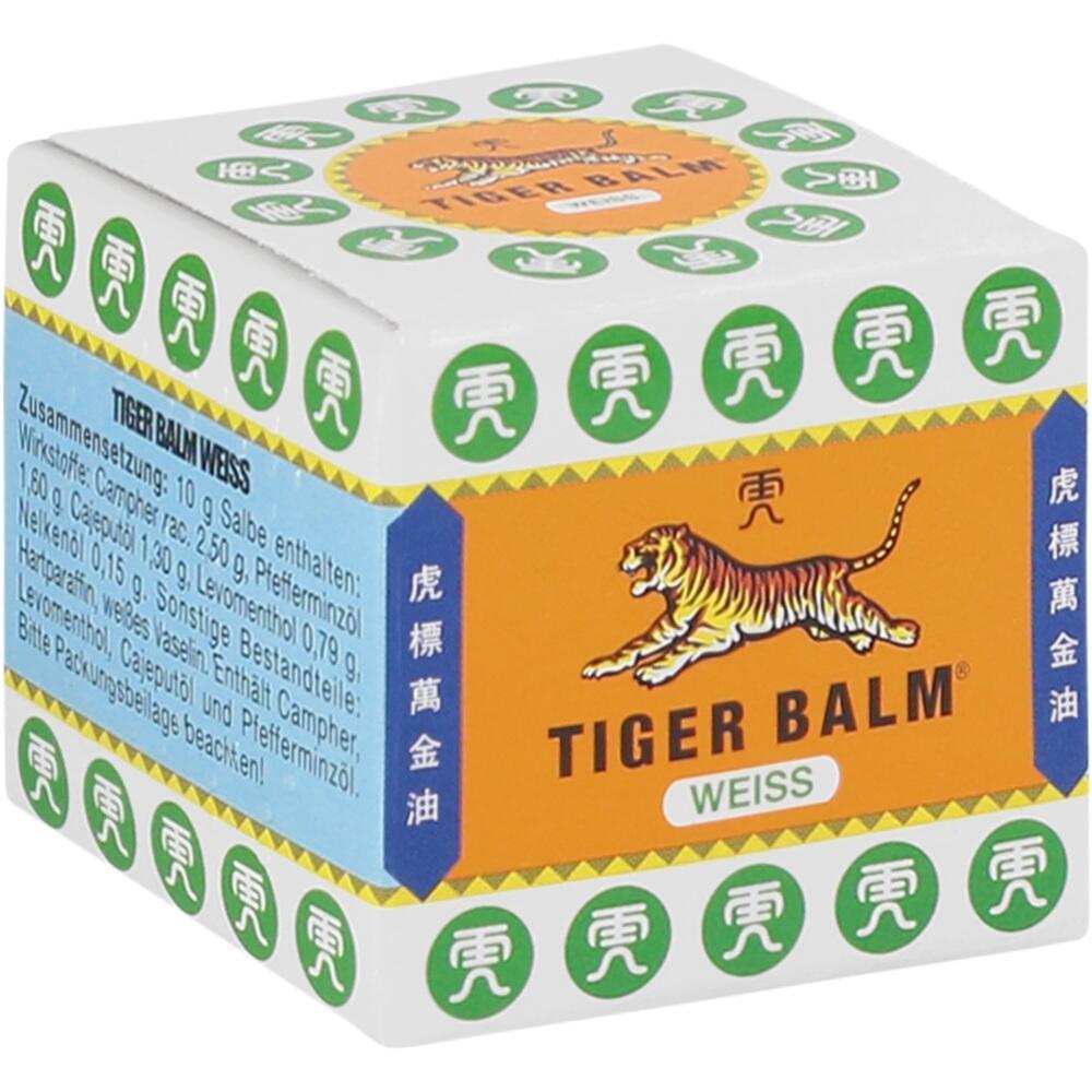 Eine weiße Box mit einem orangefarbenen Tiger-Logo und der Aufschrift "Tiger Balm Weiß".