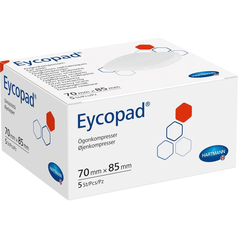 Eine wei&szlig;e Verpackung mit der Aufschrift "Eycopad" und blauen und roten Grafiken.
