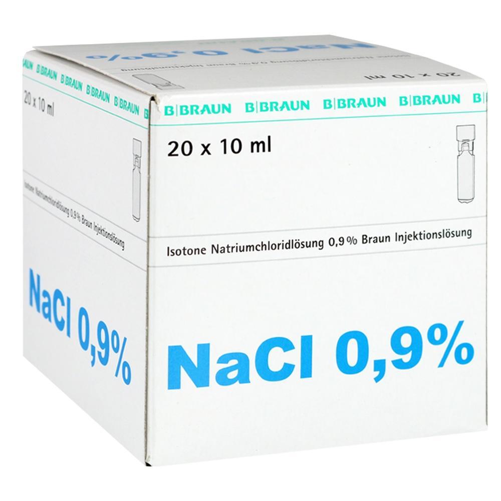 Wei&szlig;e Box mit der Aufschrift "NaCl 0,9%" f&uuml;r Injektionsl&ouml;sung.