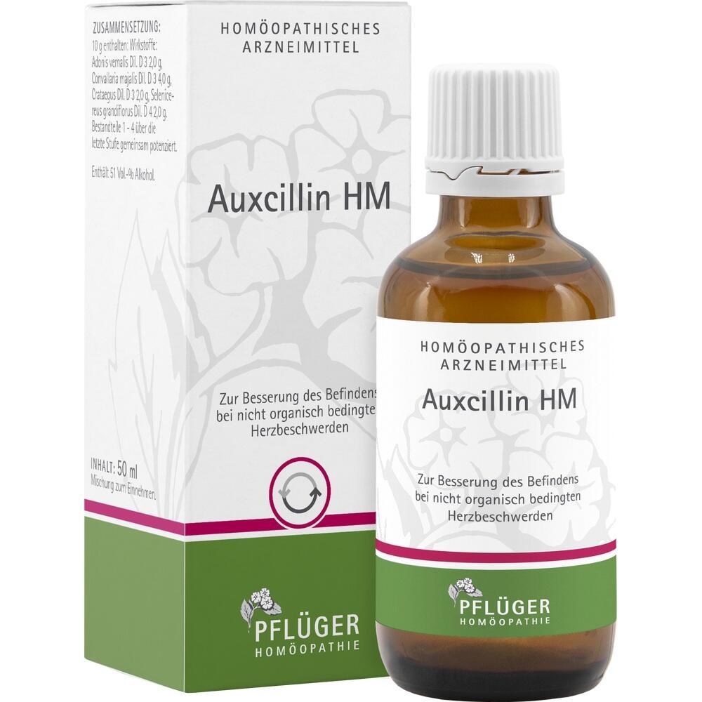 Braune Flasche und Verpackung mit der Aufschrift "Auxcillin HM", ein homöopathisches Mittel.