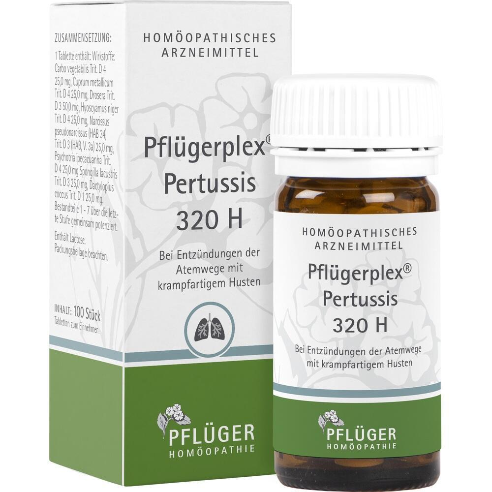 Flasche und Packung von Pflügerplex Pertussis 320 H, ein homöopathisches Arzneimittel.
