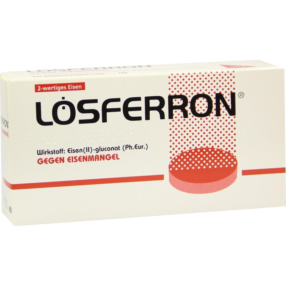 Wei&szlig;e Verpackung von L&ouml;Sferron gegen Eisenmangel mit rotem Punktmuster.