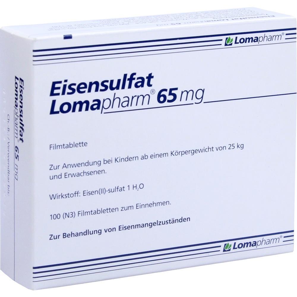 Verpackung von Eisensulfat-Tabletten zur Behandlung von Eisenmangel.