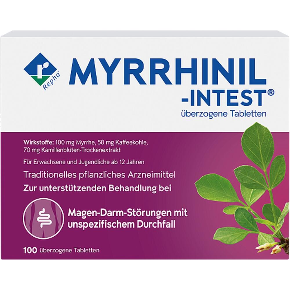 Eine Packung Myrrhinil-Intest Tabletten für Magen-Darm-Störungen.