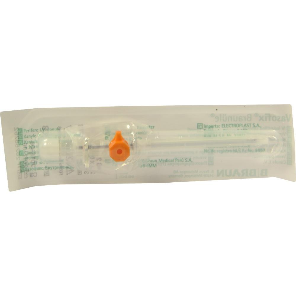 Verpackte Kan&uuml;le mit orangefarbenem Verschluss liegt auf wei&szlig;em Hintergrund.