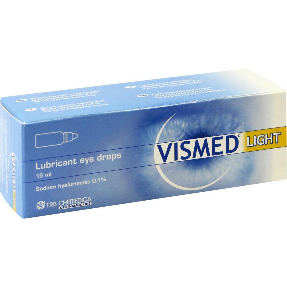 Blaue Packung mit dem Aufdruck "Vismed Light" für Augentropfen.