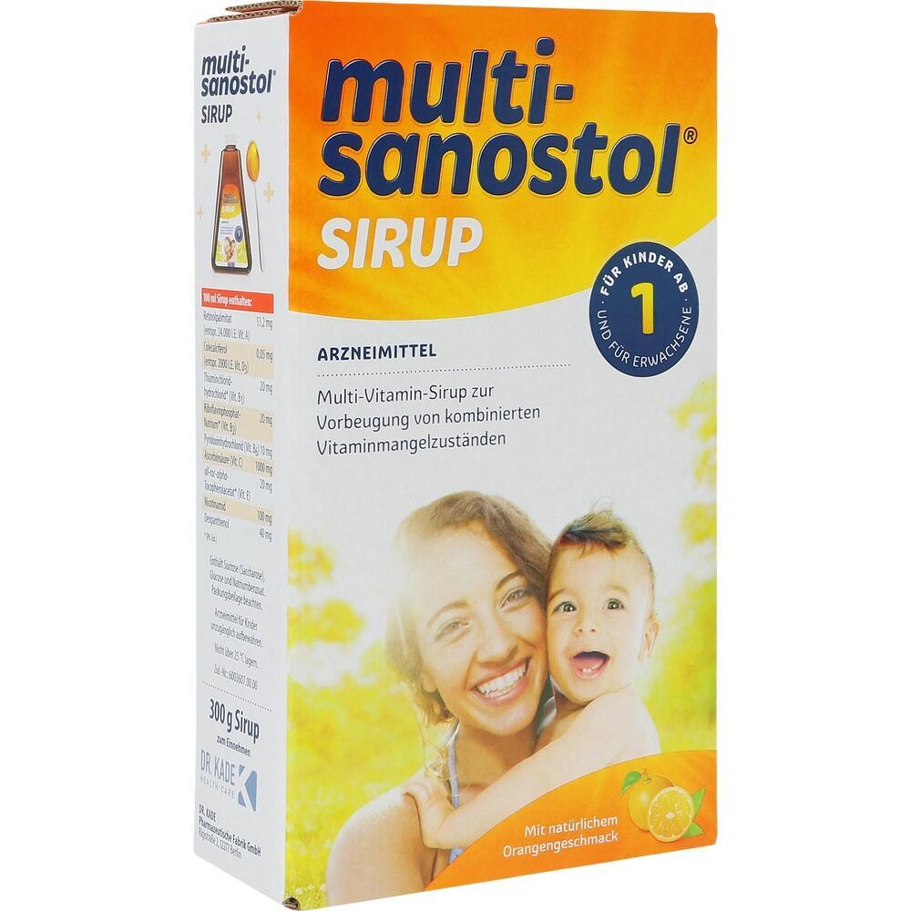 Eine Packung Multi-Sanostol Sirup mit Bild von lächelnder Frau und Kind.