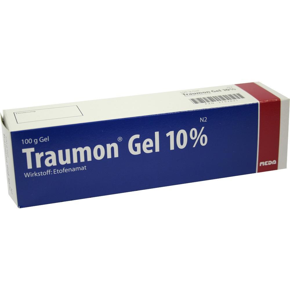 Blau-weiße Verpackung von Traumon Gel 10% mit Wirkstoff Etofenamat.