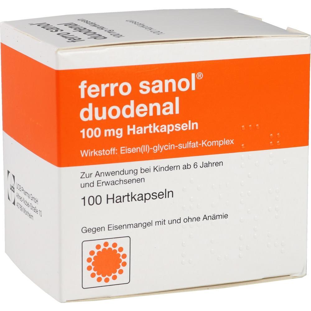 Weiße Packung mit orangen Details und der Aufschrift "ferro sanol duodenal".