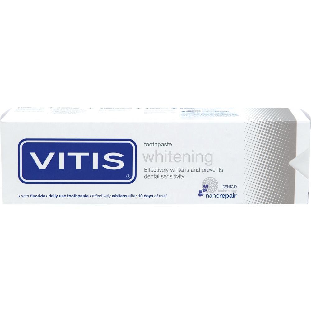 Wei&szlig;e Zahnpasta-Packung mit der Aufschrift "VITIS Whitening".