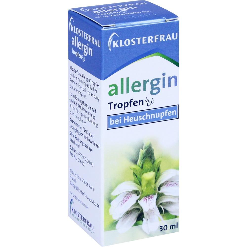 Blaue Verpackung mit Aufschrift „Allergin Tropfen bei Heuschnupfen“ und Bild einer Pflanze.