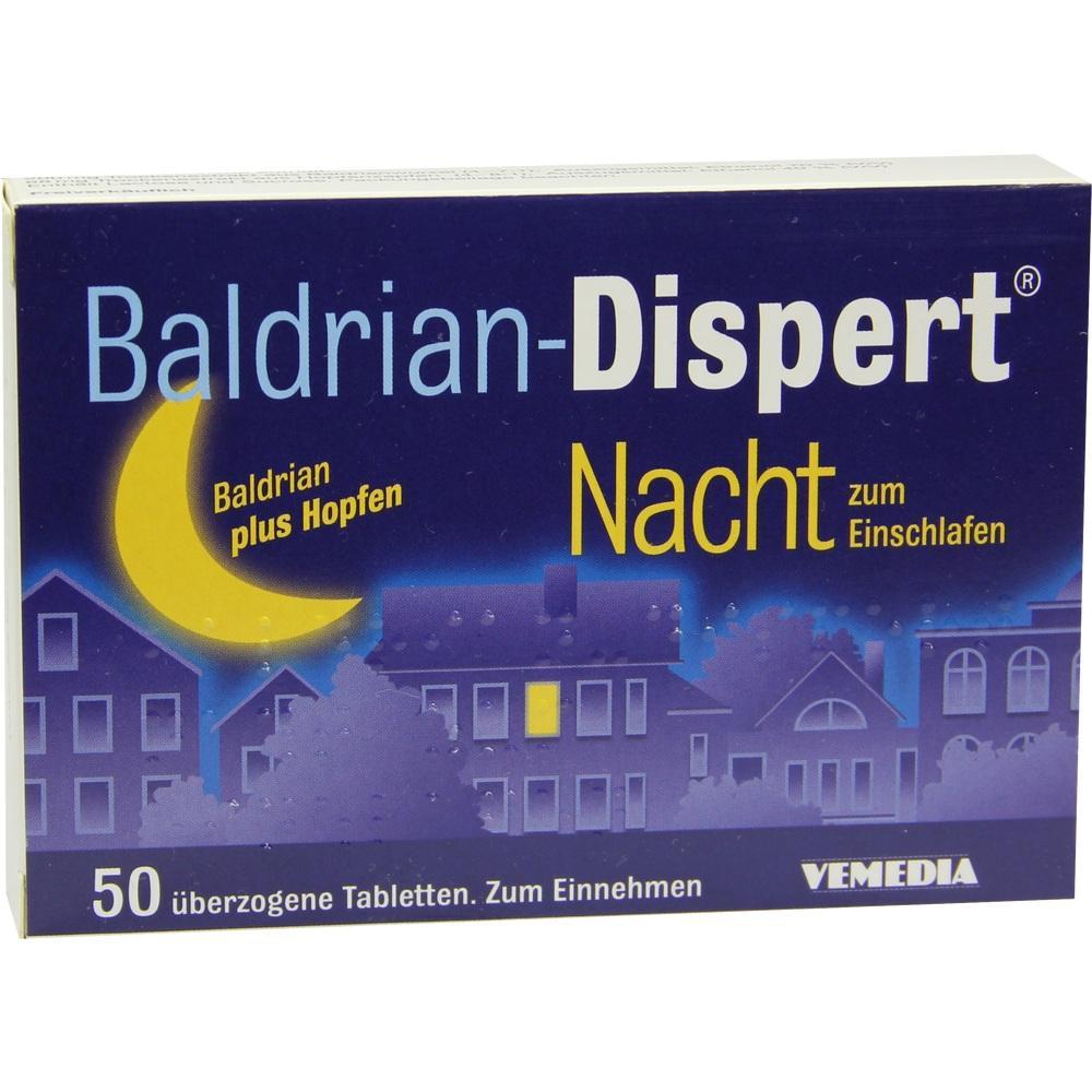 Blau-gelbe Verpackung von Baldrian-Dispert Nacht mit 50 Tabletten zum Einschlafen.