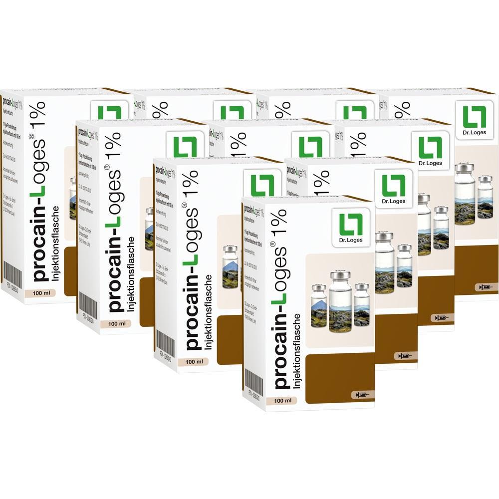 Mehrere wei&szlig;e Schachteln mit der Aufschrift "Procain-Loges 1% Injektionsflasche".