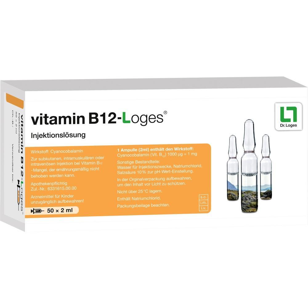 Packung der Vitamin B12-Loges-Injektionsl&ouml;sung mit drei Ampullen vorne.