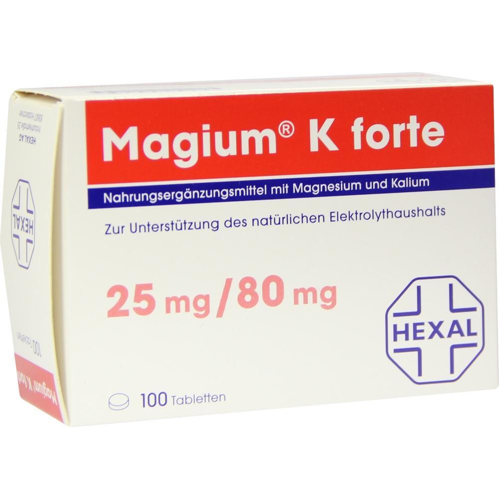 Schachtel mit Nahrungsergänzungstabletten, Magium K forte, 25 mg/80 mg, von Hexal.