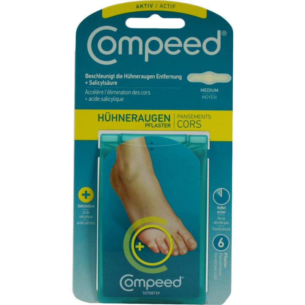Verpackung für Compeed-Pflaster zur Entfernung von Hühneraugen am Fuß.