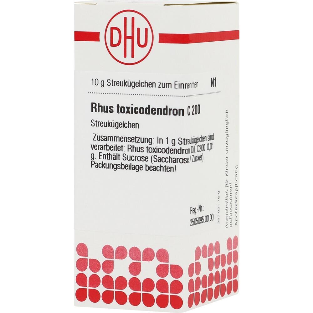 Eine Packung hom&ouml;opathischer Streuk&uuml;gelchen von DHU mit Rhus toxicodendron C200.