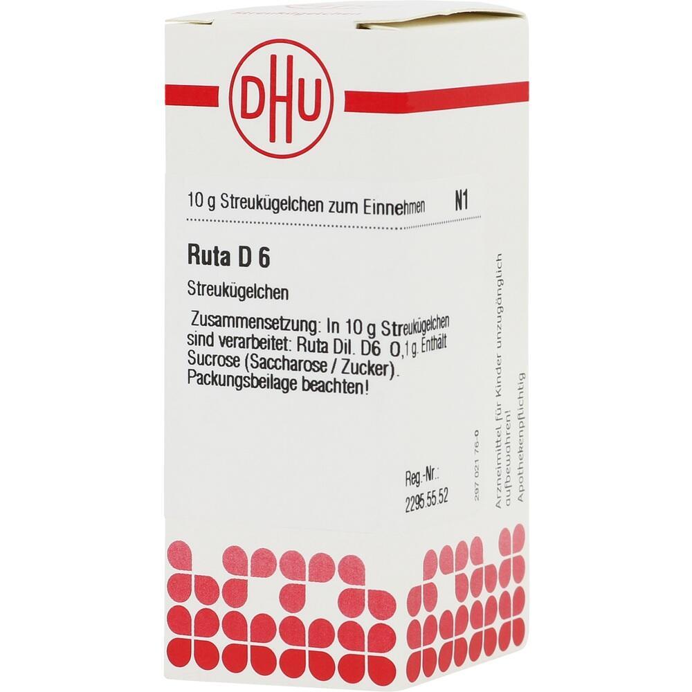 Eine Verpackung von homöopathischen Streukügelchen namens Ruta D6.