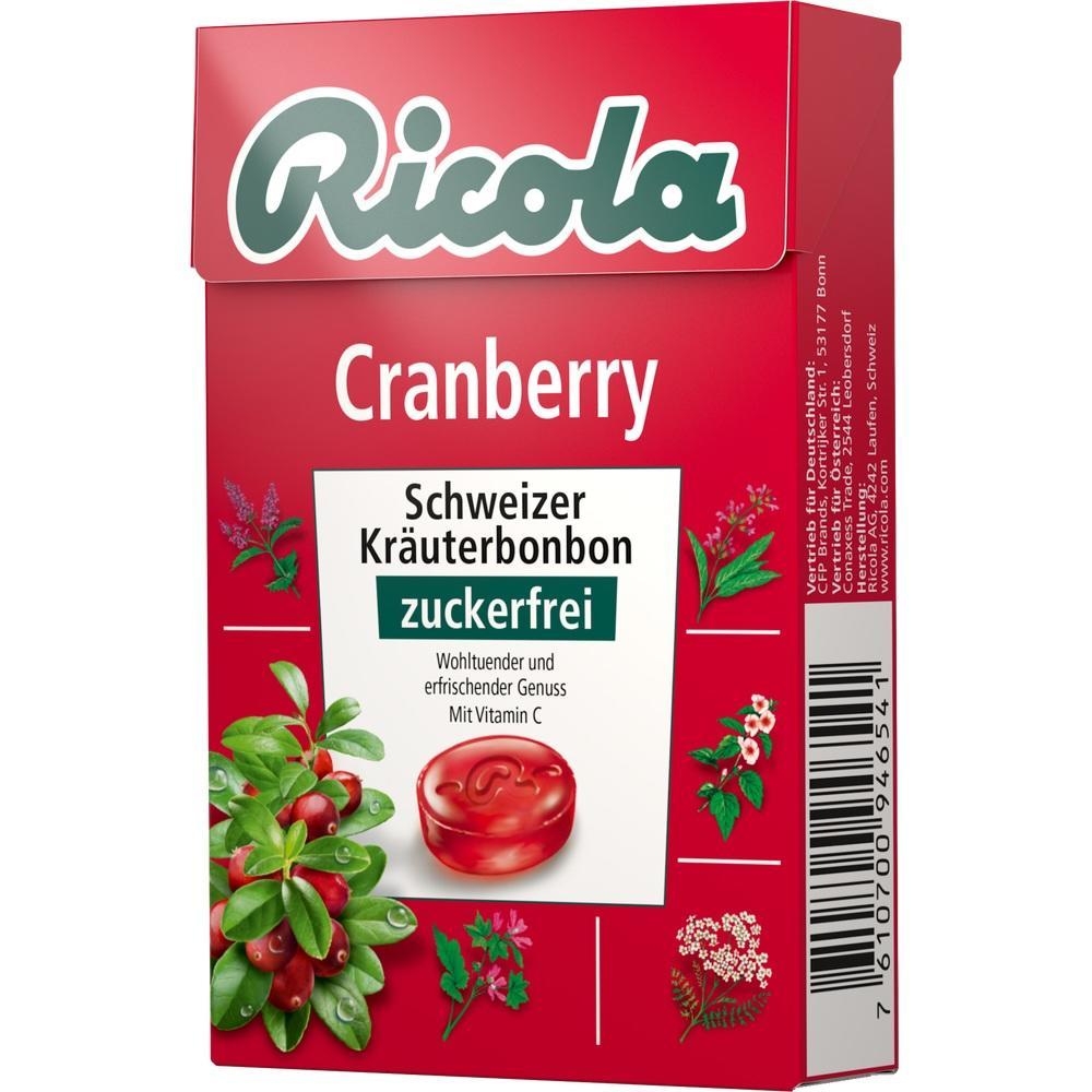 Rote Ricola-Packung mit Cranberry-Geschmack und zuckerfreien Kräuterbonbons.