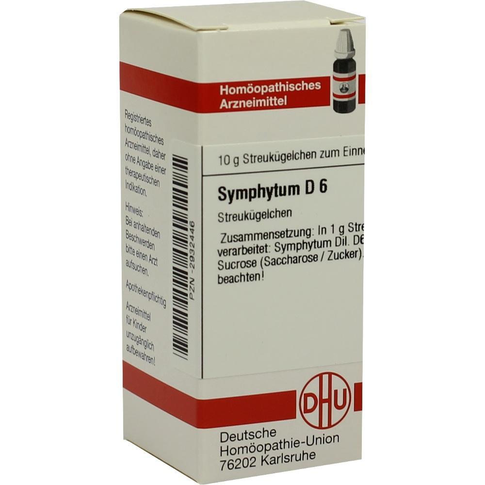 Packung mit homöopathischem Mittel namens "Symphytum D6" von der Deutschen Homöopathie-Union.