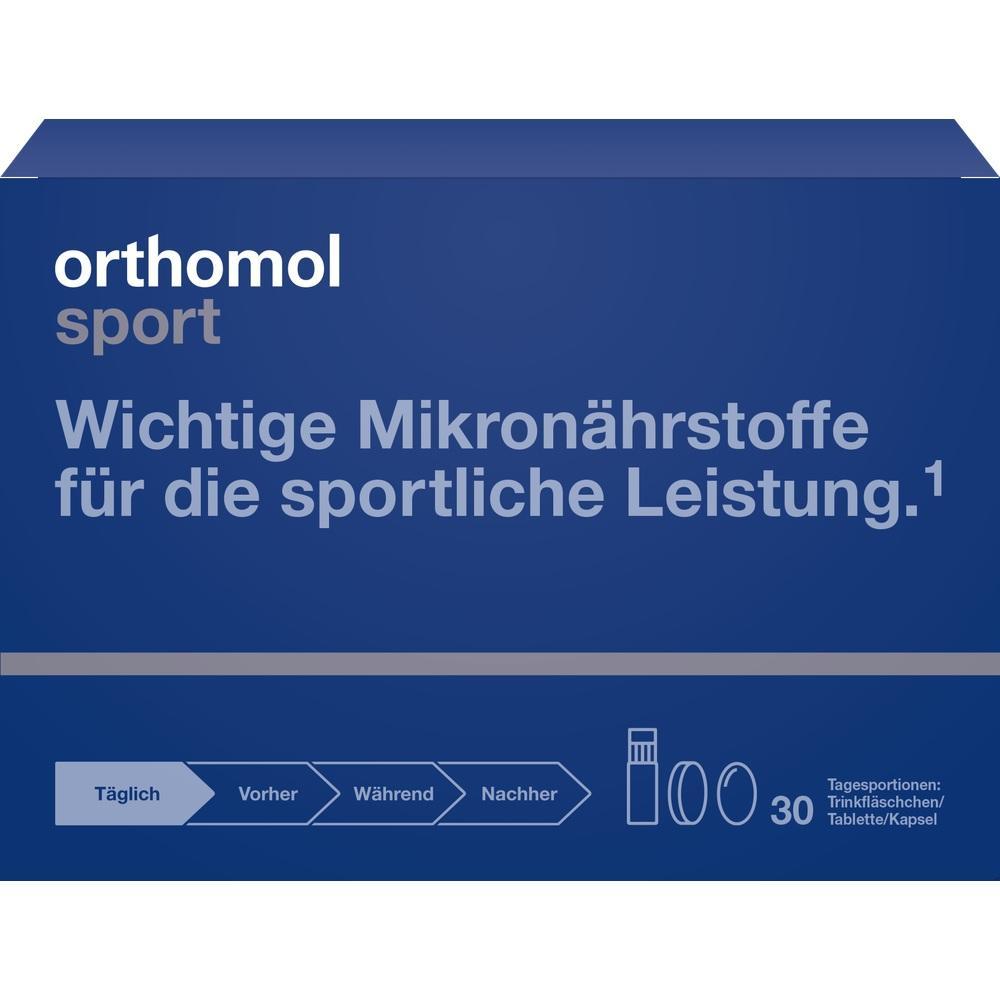 Blaue Packung mit der Aufschrift "Orthomol sport" für sportliche Mikronährstoffe.