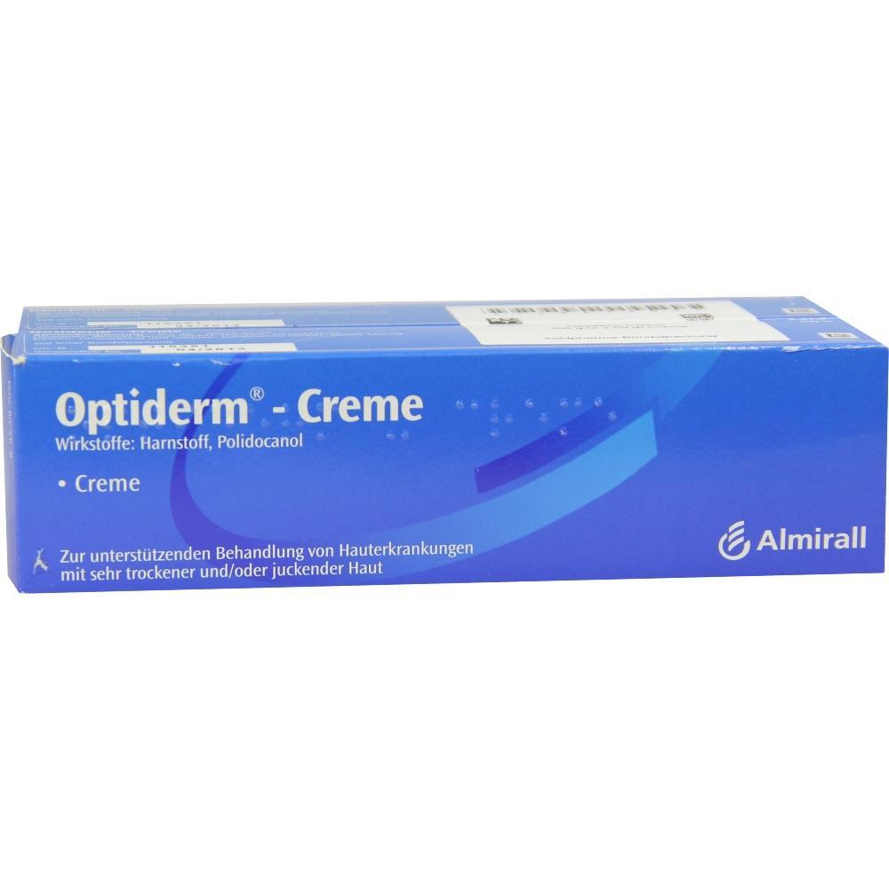Blaue Schachtel mit der Aufschrift "Optiderm Creme" zur Hautpflege bei trockener Haut.
