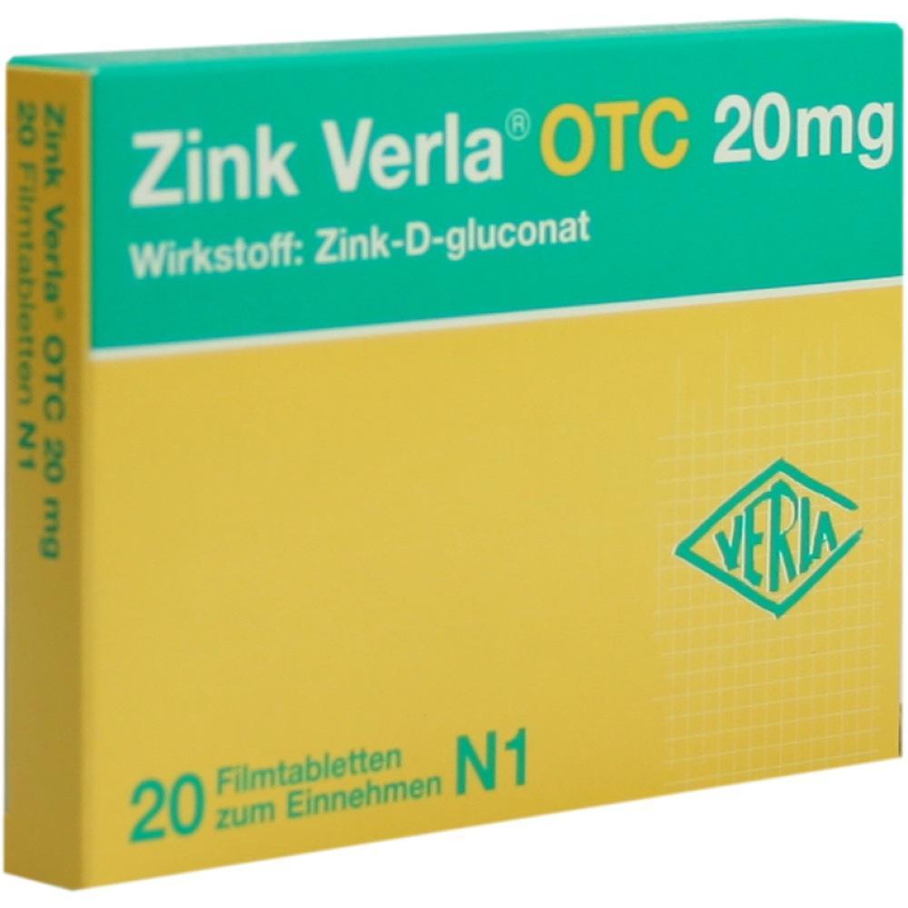 Gelbe und gr&uuml;ne Medikamentenverpackung mit der Aufschrift "Zink Verla OTC 20 mg".