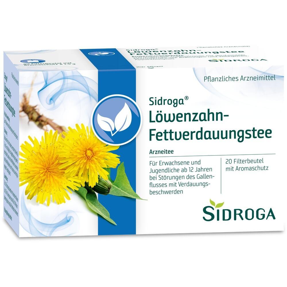 Eine Packung Löwenzahn-Fettverdauungstee von Sidroga mit 20 Teebeuteln.