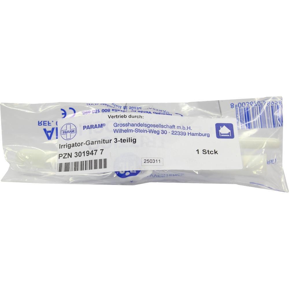 Eine dreiteilige Irrigator-Garnitur in einer Plastikverpackung.