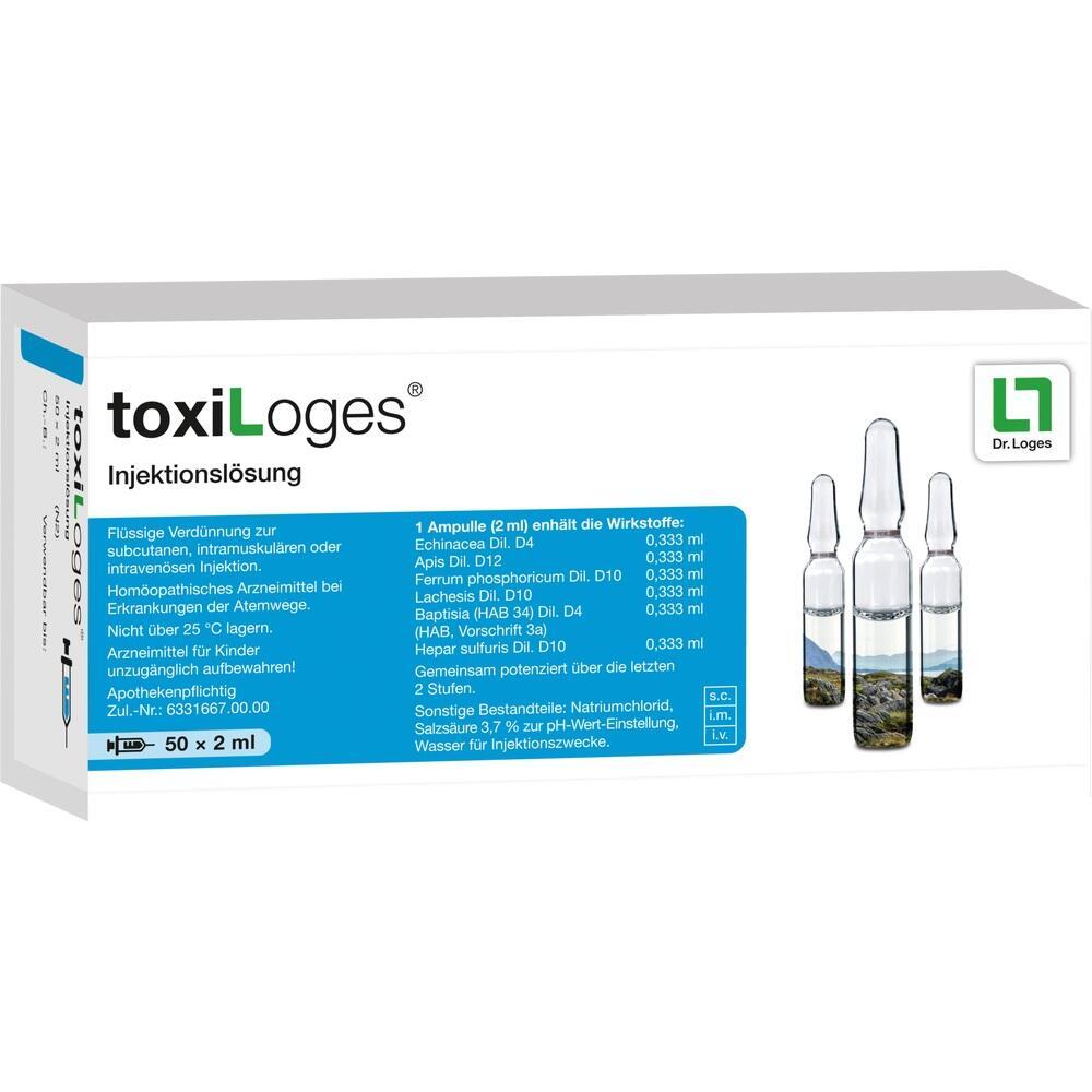 Verpackung von toxiLoges Injektionsl&ouml;sung mit Ampullen und Inhaltsangaben.