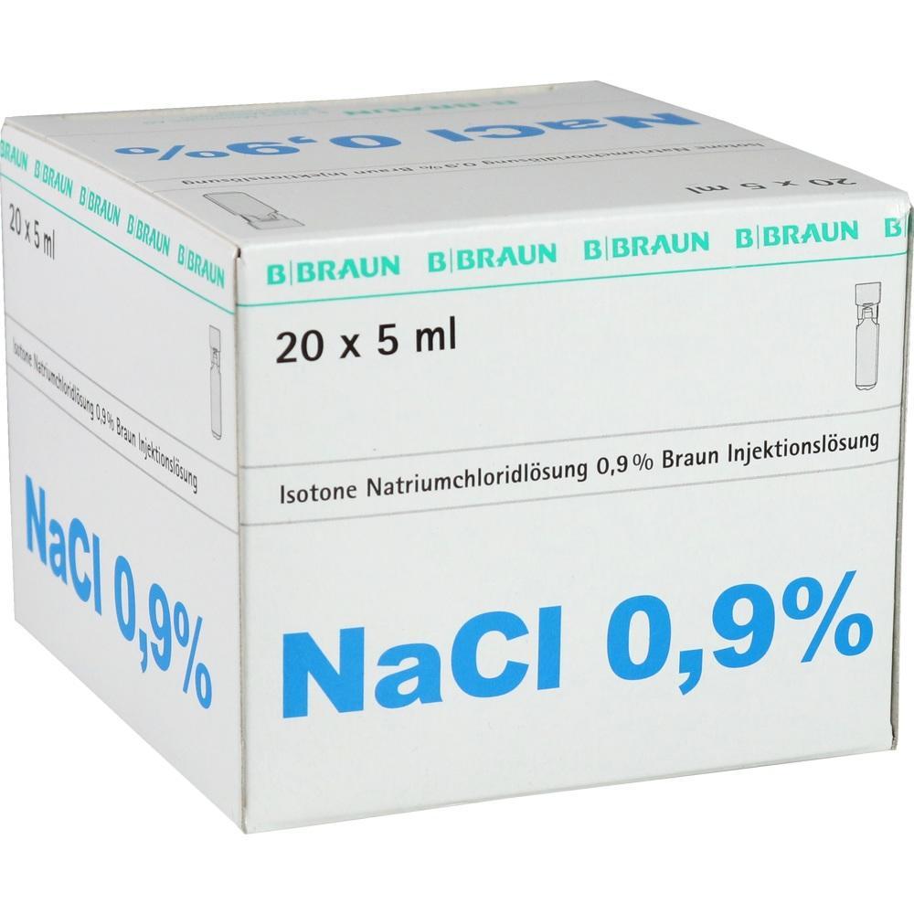 Karton mit 20 Ampullen Kochsalzl&ouml;sung NaCl 0,9% zur Injektion.