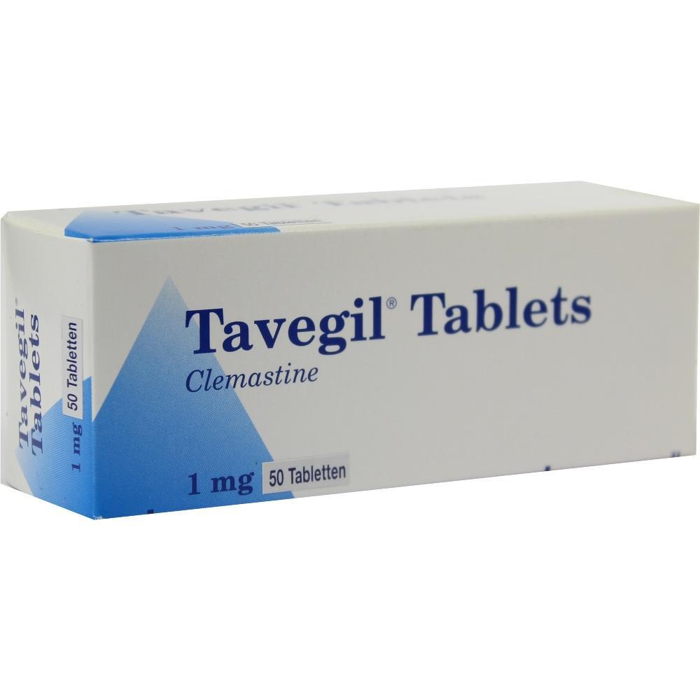 Eine Packung Tavegil-Tabletten mit 50 Tabletten à 1 mg Clemastin.