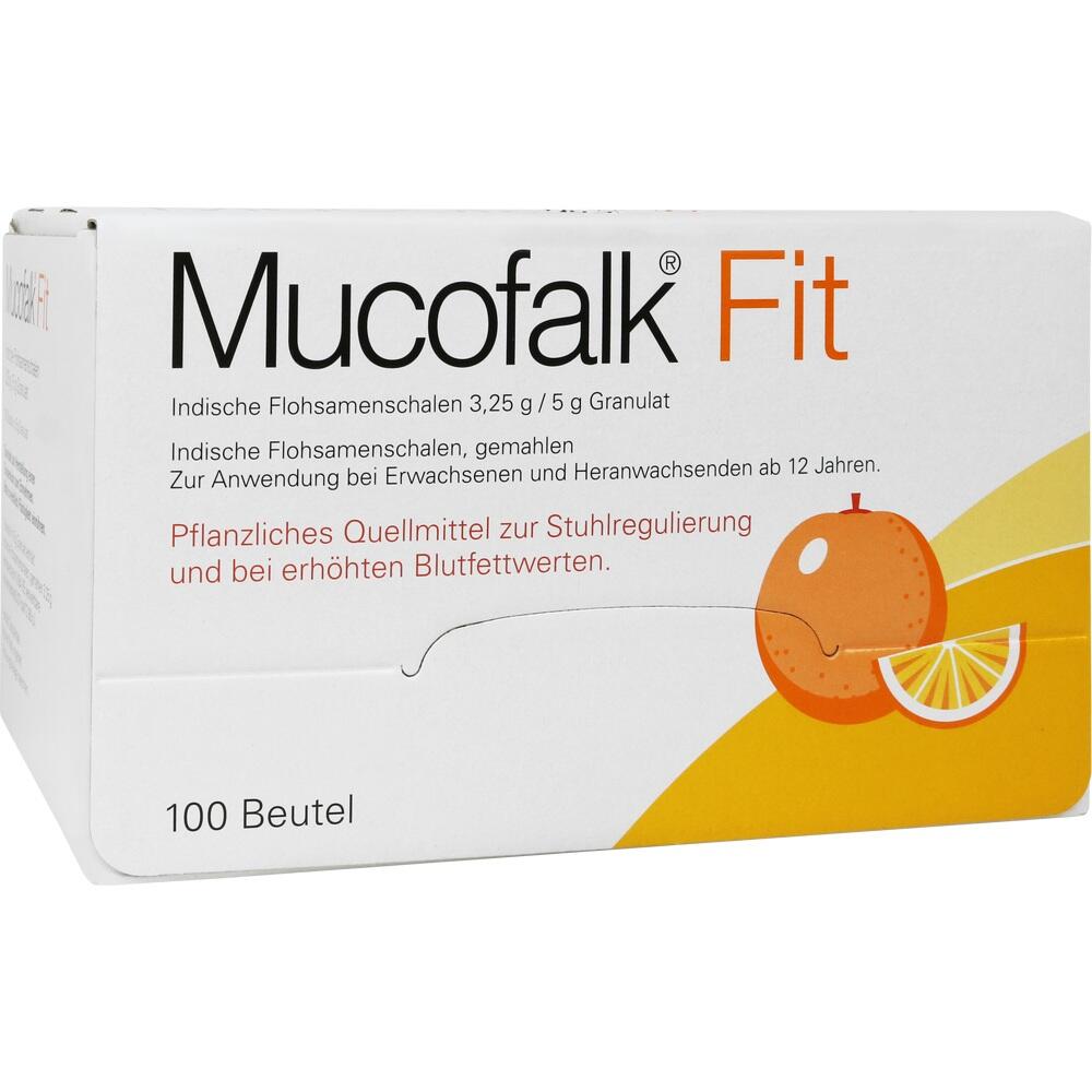 Eine Packung mit pflanzlichem Quellmittel namens Mucofalk Fit.