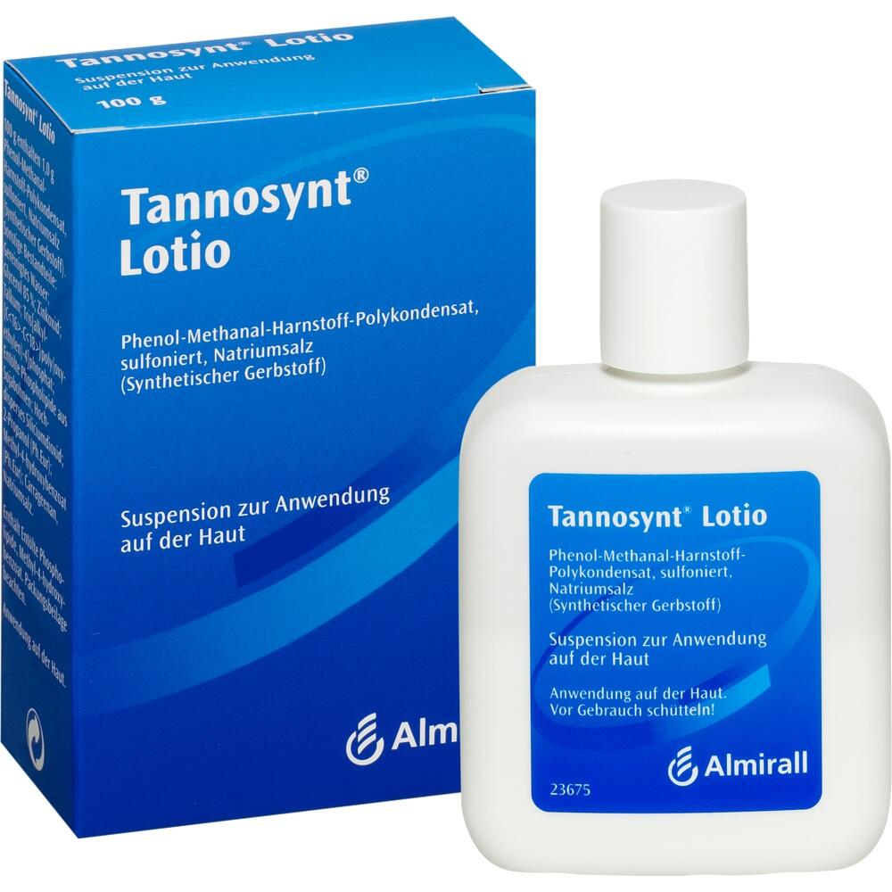 Weiße Flasche und blaue Verpackung der Hautlotion "Tannosynt Lotio" von Almirall.