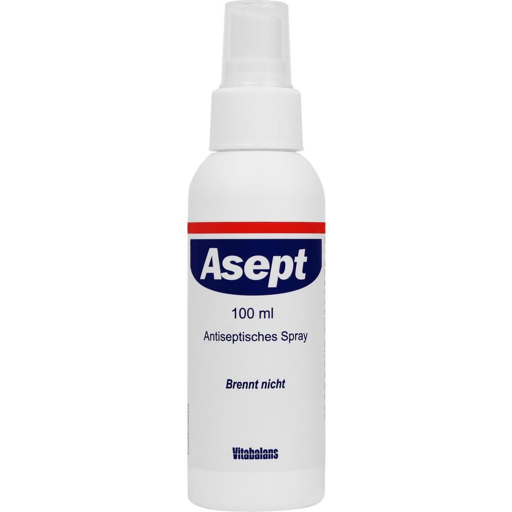 Weiße Sprühflasche mit der Aufschrift "Asept" und "Antiseptisches Spray".