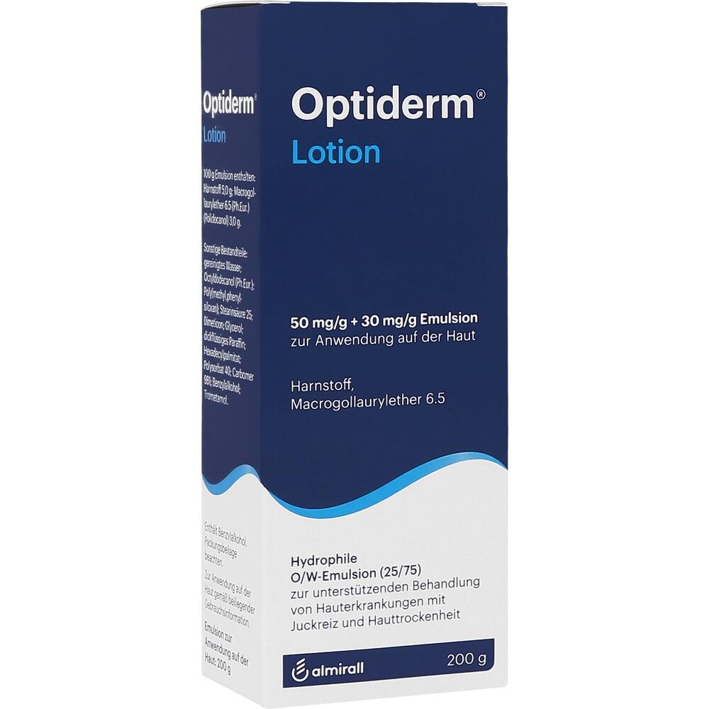 Eine blaue und weiße Verpackung von Optiderm Lotion mit Inhaltsangaben.