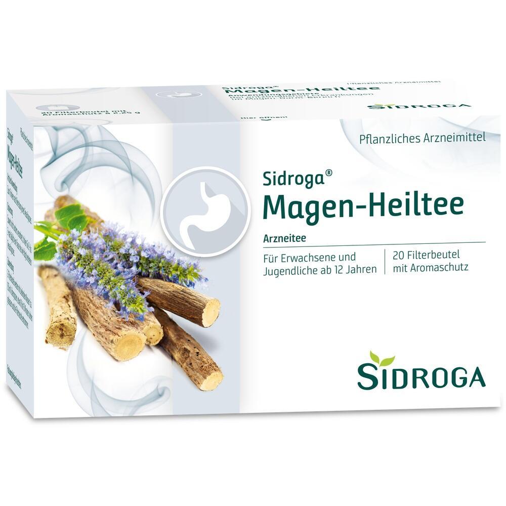 Eine Packung Sidroga Magen-Heiltee mit Pflanzenabbildungen.