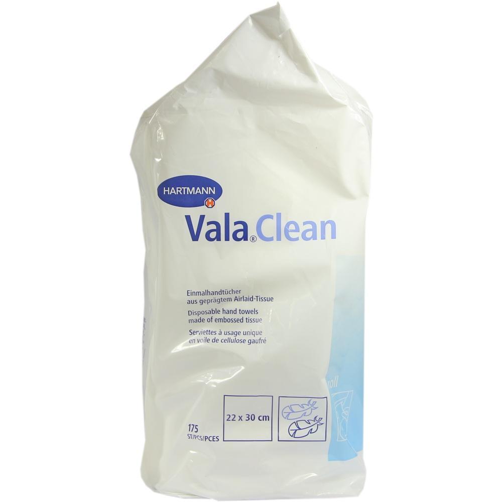 Eine Packung wei&szlig;e Einmalhandt&uuml;cher mit der Aufschrift "Vala Clean".