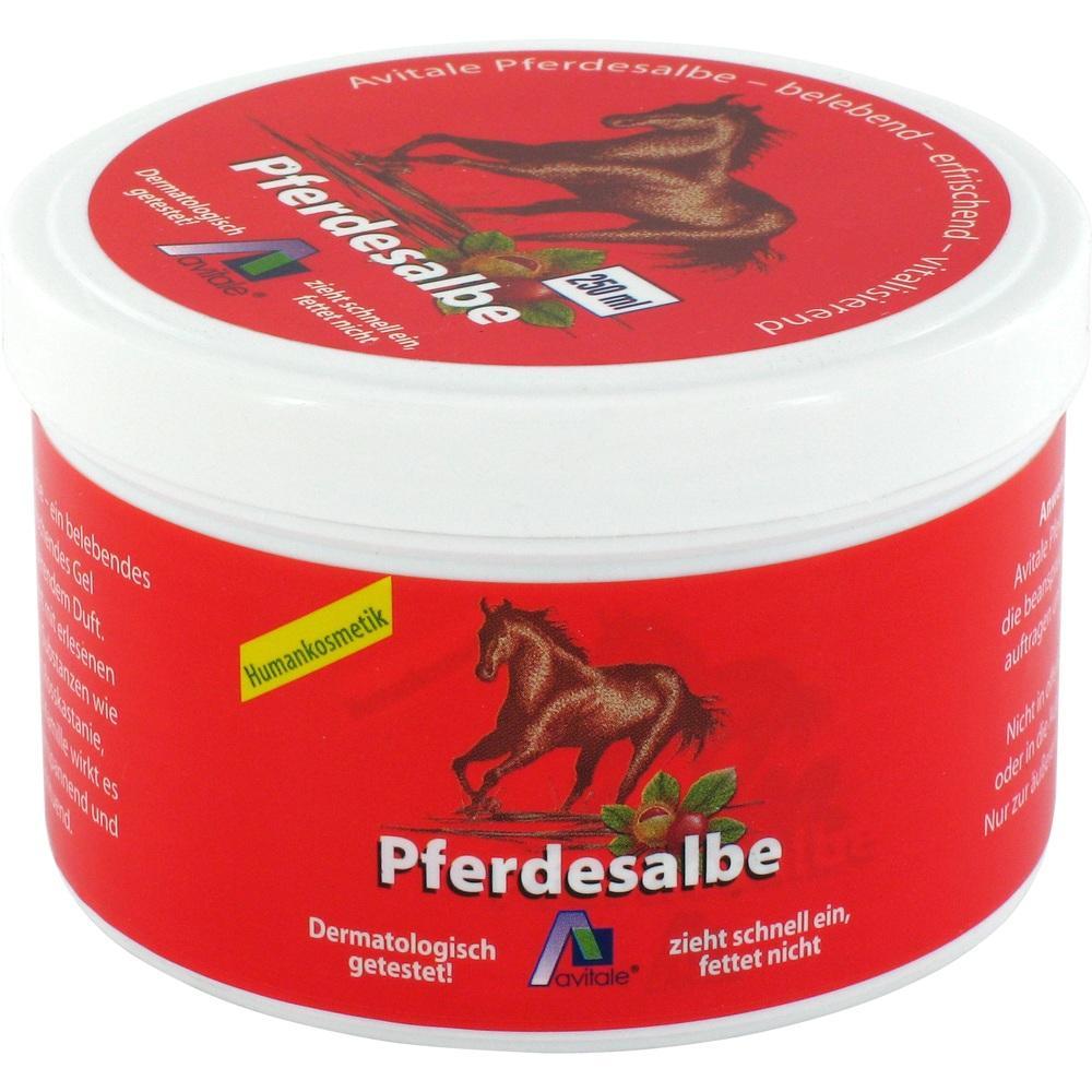 Rote Dose mit Pferdesalbe und Bild von einem Pferd auf dem Deckel.
