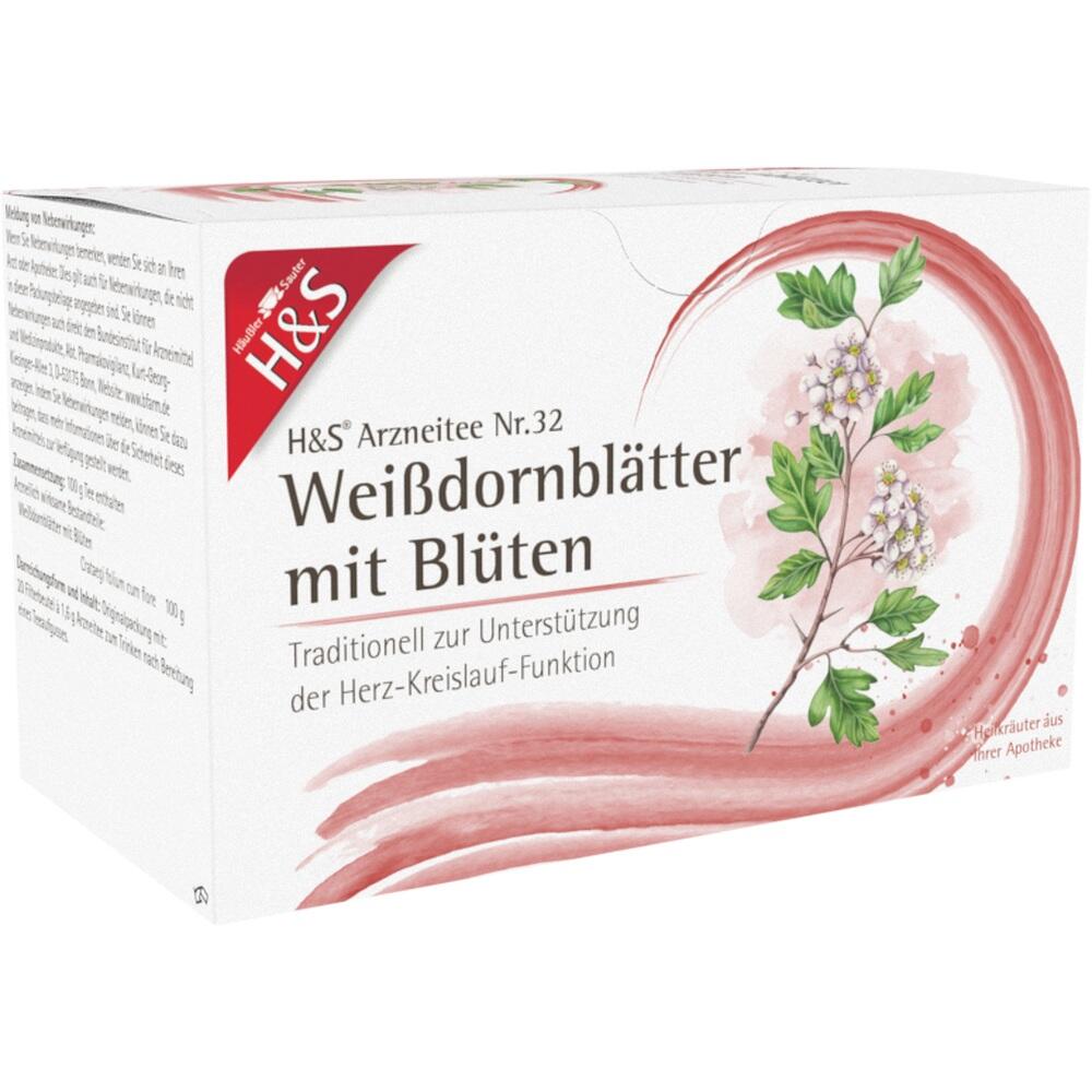 Verpackung von Weißdornblätter-Tee mit Blumenabbildung.