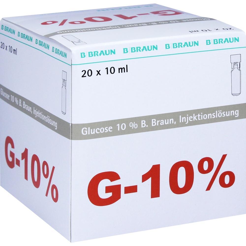 Ein Pappkarton mit der Aufschrift "G-10% Glucose-Injektionsl&ouml;sung".